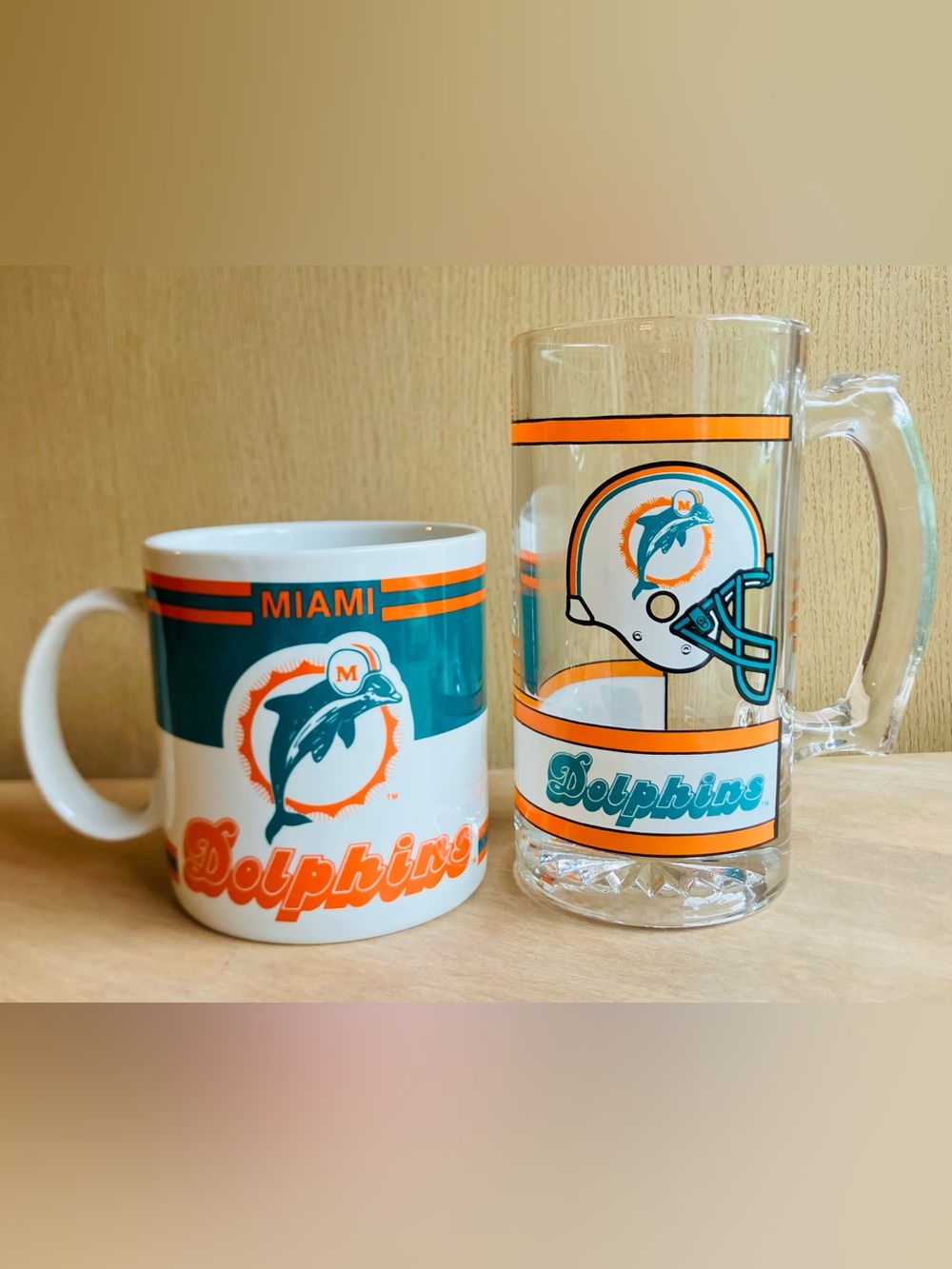Vintage 1980s Miami Dolphins Logo Double Sided Mug And Glass Excellent Condition